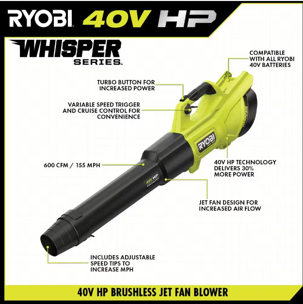 40V HP Brushless Whisper Series 155 MPH 600 CFM Cordless Battery Leaf Blower with 4.0 Ah Battery and Charger