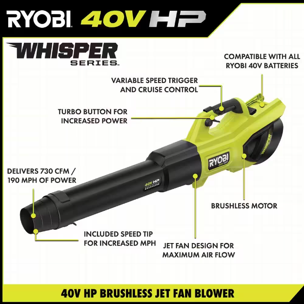 40V HP Brushless Whisper Series 190 MPH 730 CFM Cordless Battery Jet Fan Leaf Blower with (2) 4.0 Ah Batteries & Charger