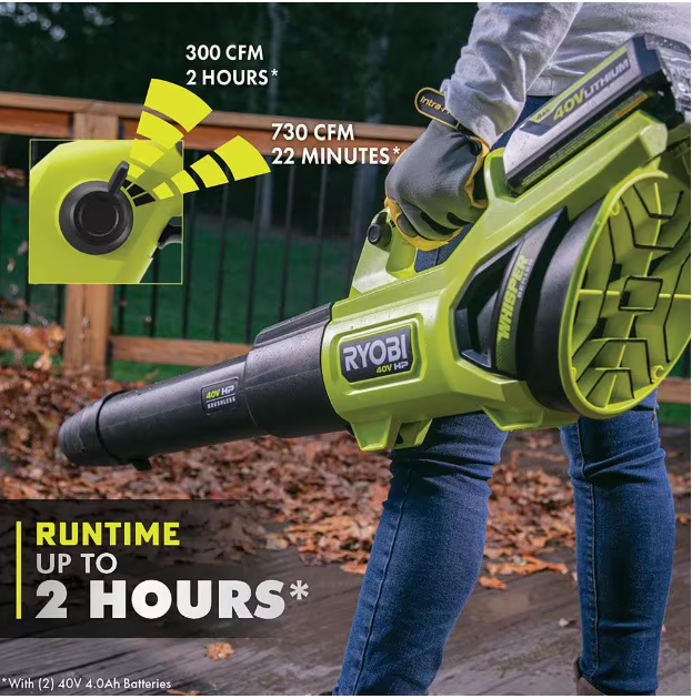 40V HP Brushless Whisper Series 190 MPH 730 CFM Cordless Battery Jet Fan Leaf Blower with (2) 4.0 Ah Batteries & Charger