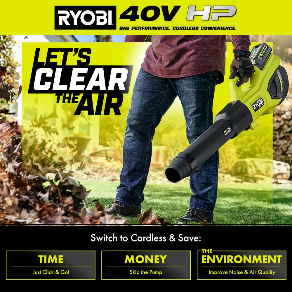 Ryobi 40V HP Brushless Whisper Series 190 MPH 730 CFM Cordless Battery Jet Fan Leaf Blower with (2) 4.0 Ah Batteries & Charger
