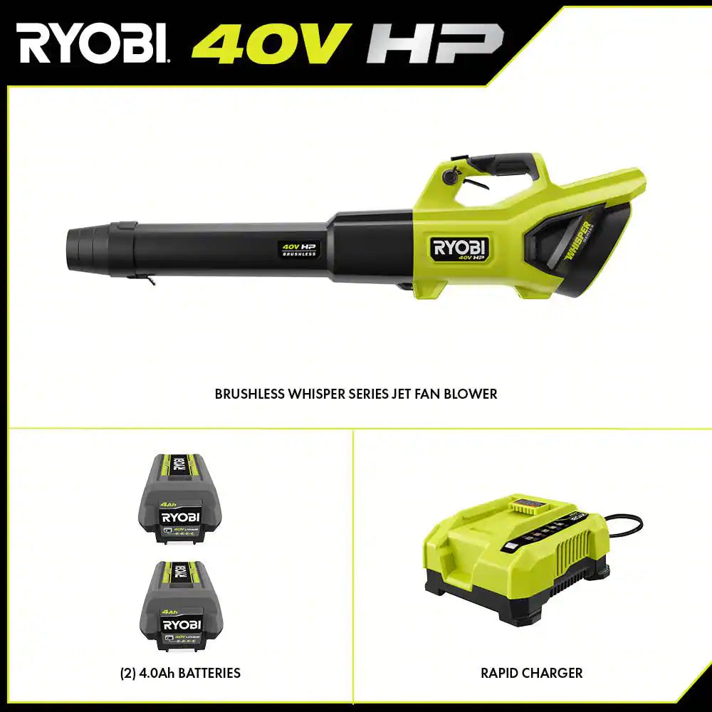 Ryobi 40V HP Brushless Whisper Series 190 MPH 730 CFM Cordless Battery Jet Fan Leaf Blower with (2) 4.0 Ah Batteries & Charger