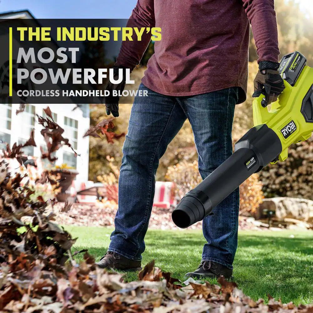 Ryobi 40V HP Brushless Whisper Series 190 MPH 730 CFM Cordless Battery Jet Fan Leaf Blower with (2) 4.0 Ah Batteries & Charger