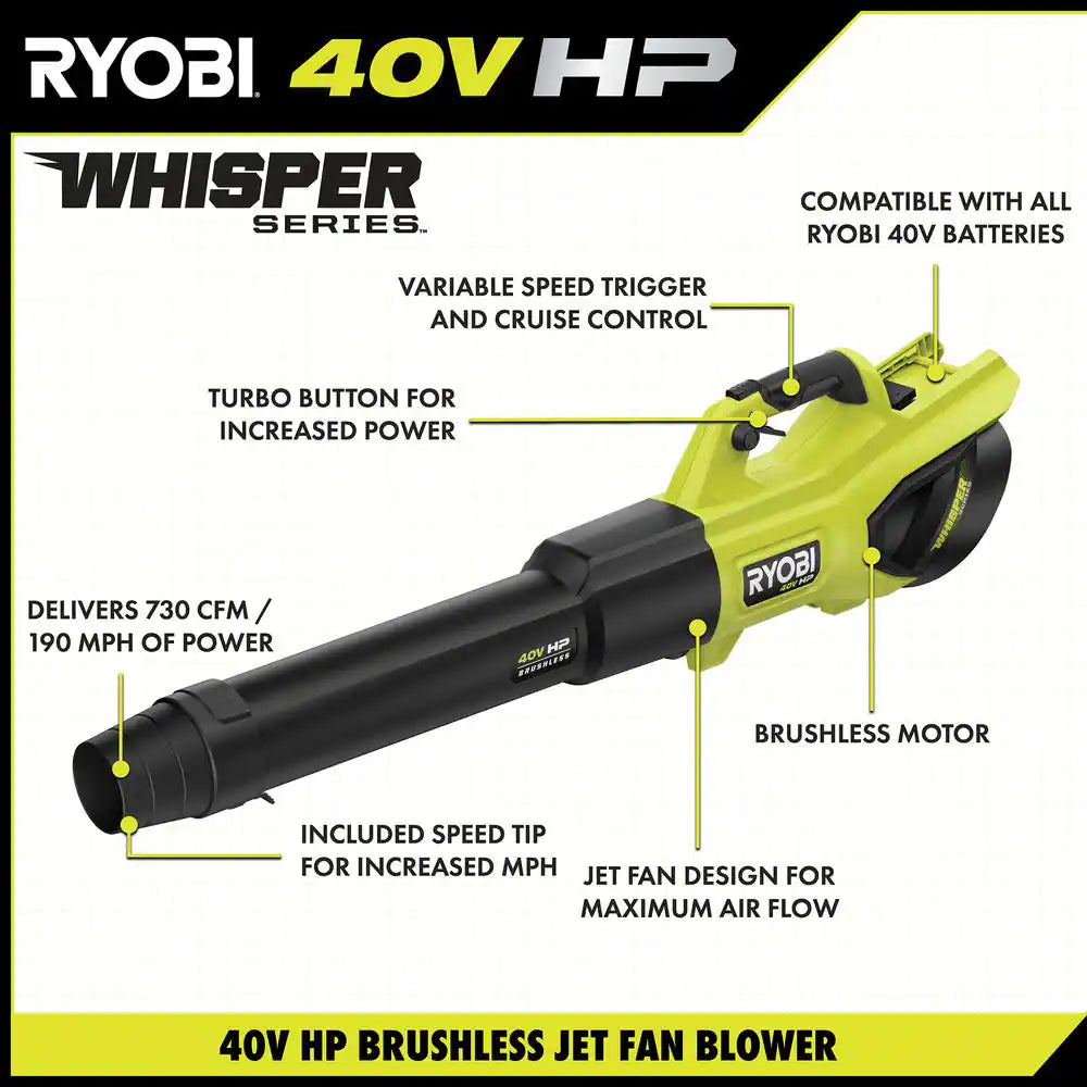 Ryobi 40V HP Brushless Whisper Series 190 MPH 730 CFM Cordless Battery Jet Fan Leaf Blower with (2) 4.0 Ah Batteries & Charger