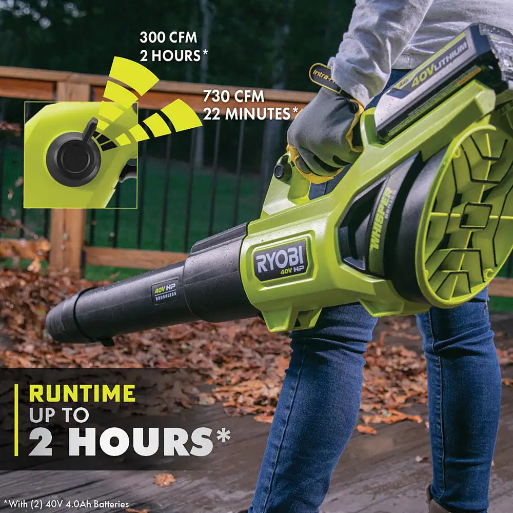 Ryobi 40V HP Brushless Whisper Series 190 MPH 730 CFM Cordless Battery Jet Fan Leaf Blower with (2) 4.0 Ah Batteries & Charger
