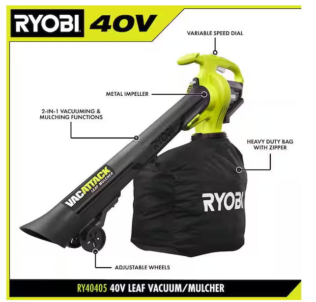 Ryobi 40V Vac Attack Cordless Battery Leaf Vacuum/Mulcher (Tool Only)